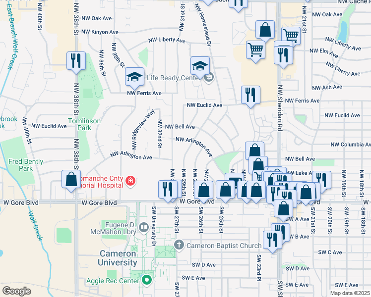 map of restaurants, bars, coffee shops, grocery stores, and more near 46 Northwest 29th Street in Lawton