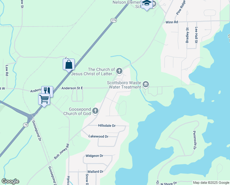 map of restaurants, bars, coffee shops, grocery stores, and more near 41 Camille Street in Scottsboro
