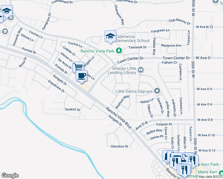 map of restaurants, bars, coffee shops, grocery stores, and more near 40223 Springpark Lane in Palmdale