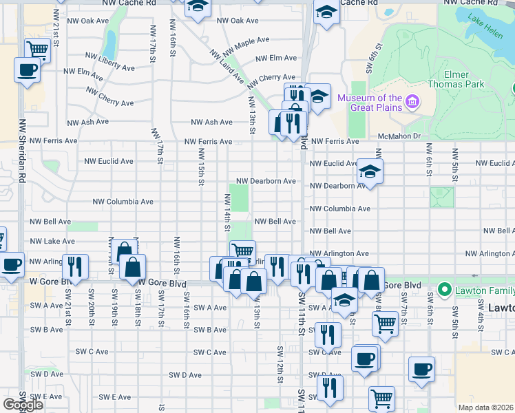 map of restaurants, bars, coffee shops, grocery stores, and more near 1214 Northwest Columbia Avenue in Lawton