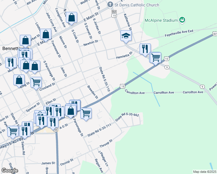 map of restaurants, bars, coffee shops, grocery stores, and more near 261 S-35-41 in Bennettsville