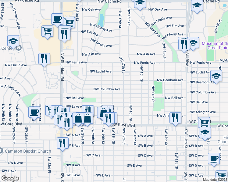 map of restaurants, bars, coffee shops, grocery stores, and more near 1716 Northwest Columbia Avenue in Lawton