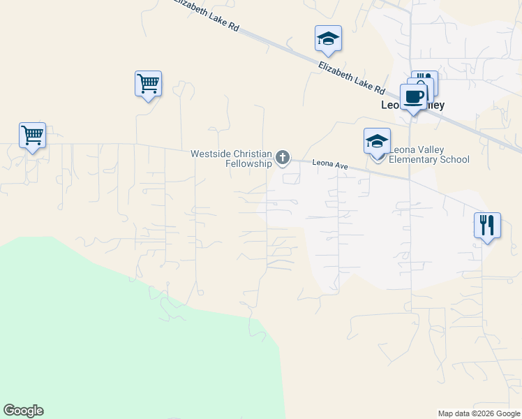 map of restaurants, bars, coffee shops, grocery stores, and more near 40155 95th Street West in Leona Valley