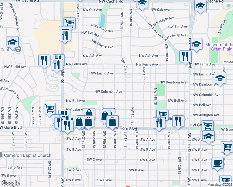 map of restaurants, bars, coffee shops, grocery stores, and more near 1714 Northwest Columbia Avenue in Lawton