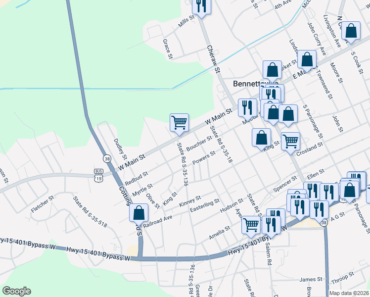map of restaurants, bars, coffee shops, grocery stores, and more near 209 Bouchier Street in Bennettsville