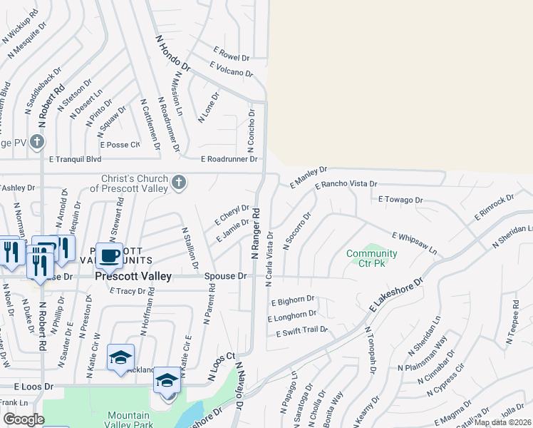map of restaurants, bars, coffee shops, grocery stores, and more near 9024 East Rancho Vista Drive in Prescott Valley