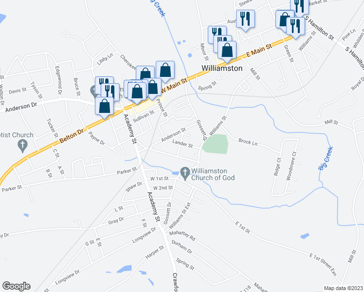 map of restaurants, bars, coffee shops, grocery stores, and more near 19 Lander Street in Williamston