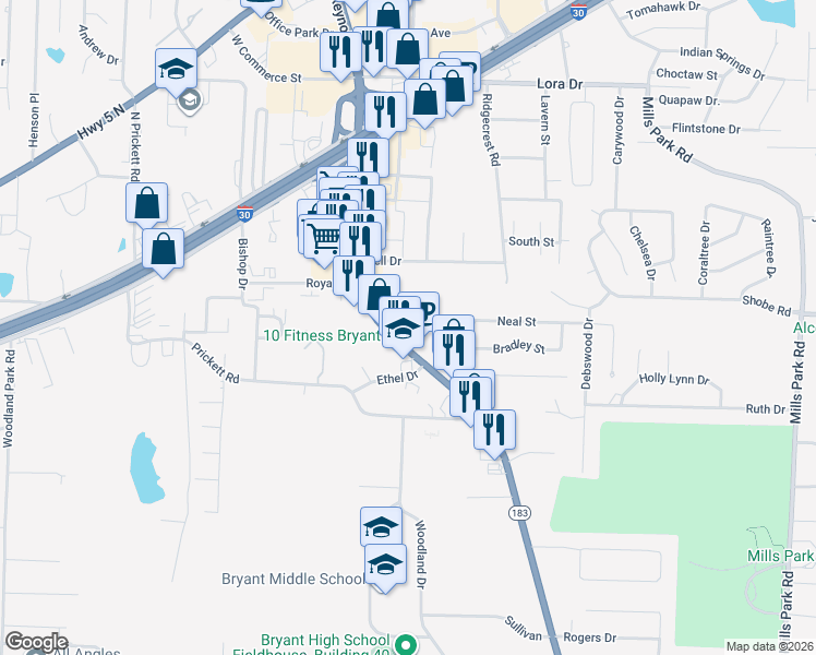 map of restaurants, bars, coffee shops, grocery stores, and more near 1900 North Reynolds Road in Bryant