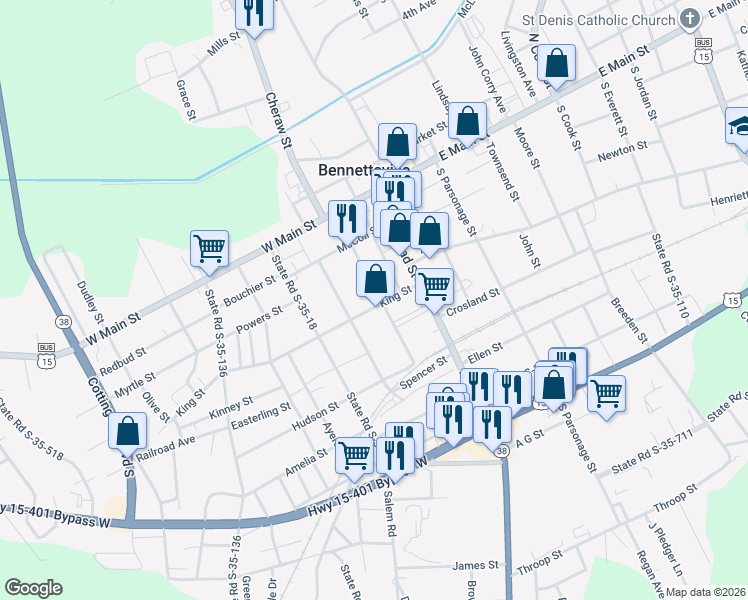 map of restaurants, bars, coffee shops, grocery stores, and more near 205 King Street in Bennettsville