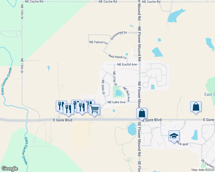 map of restaurants, bars, coffee shops, grocery stores, and more near 317 Northeast Skyline Circle in Lawton