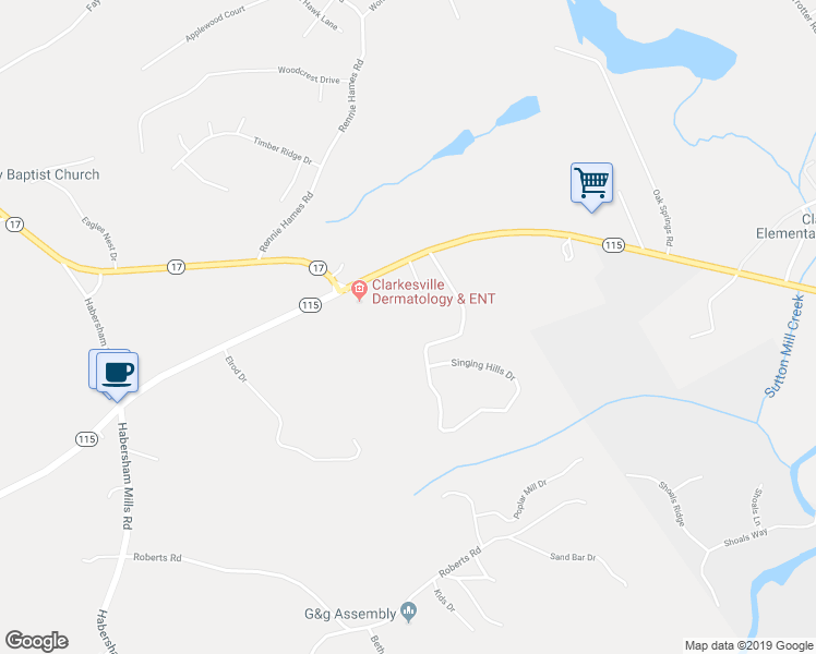 map of restaurants, bars, coffee shops, grocery stores, and more near 401 Singing Hills Road in Clarkesville