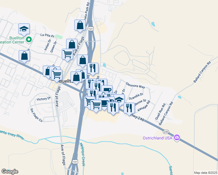 map of restaurants, bars, coffee shops, grocery stores, and more near 332 Valley Vineyard Circle in Buellton