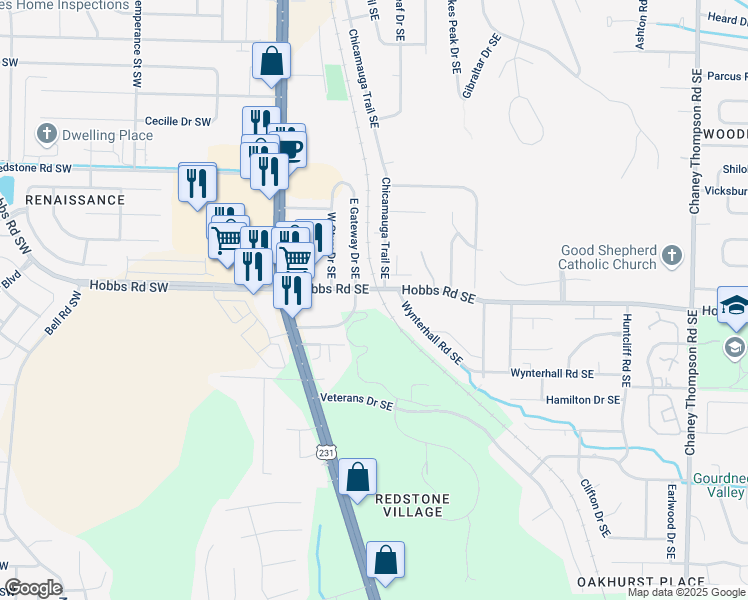 map of restaurants, bars, coffee shops, grocery stores, and more near 230 Marinawoods Drive Southeast in Huntsville