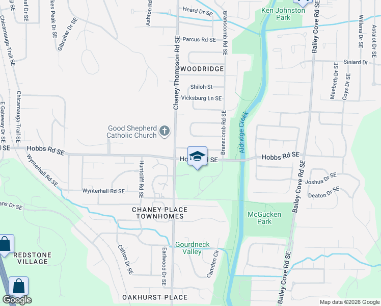 map of restaurants, bars, coffee shops, grocery stores, and more near 1010 Riverchase Road Southeast in Huntsville