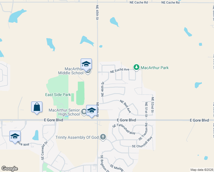 map of restaurants, bars, coffee shops, grocery stores, and more near 4606 Northeast Dearborn Avenue in Lawton
