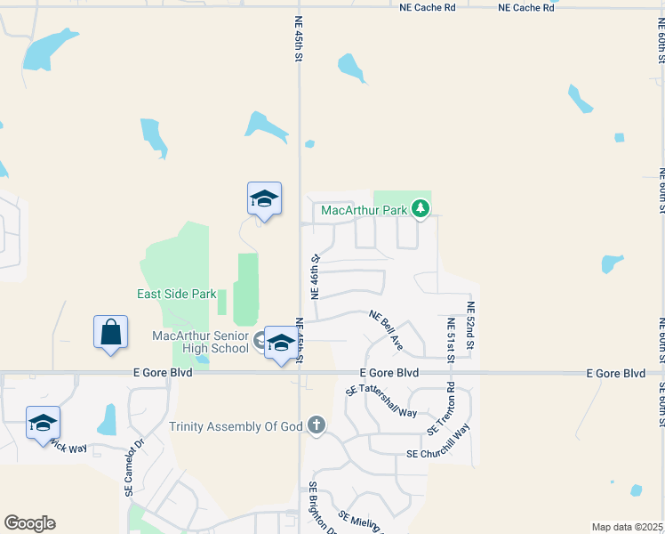 map of restaurants, bars, coffee shops, grocery stores, and more near 4608 Northeast Dearborn Avenue in Lawton