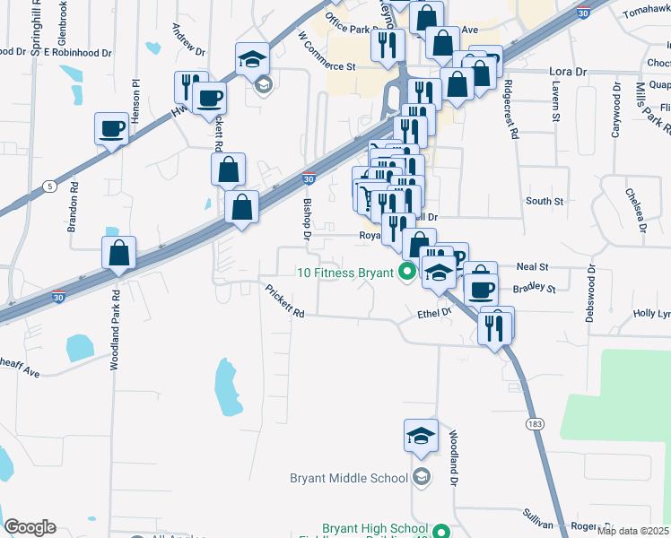map of restaurants, bars, coffee shops, grocery stores, and more near 2000 Bishop Pinewood Mano in Bryant