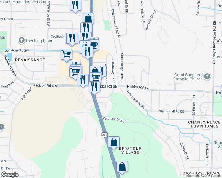 map of restaurants, bars, coffee shops, grocery stores, and more near 205 Marinawoods Drive Southeast in Huntsville
