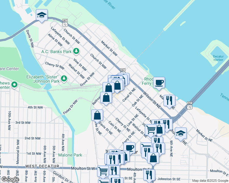 map of restaurants, bars, coffee shops, grocery stores, and more near 716 Bank Street Northeast in Decatur