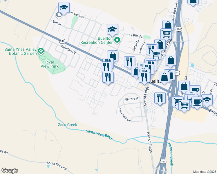 map of restaurants, bars, coffee shops, grocery stores, and more near 140 Industrial Way in Buellton