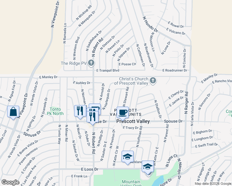 map of restaurants, bars, coffee shops, grocery stores, and more near 4831 North Sauter Drive East in Prescott Valley