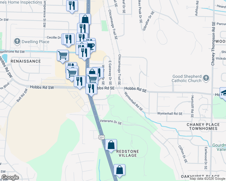 map of restaurants, bars, coffee shops, grocery stores, and more near 240 Marinawoods Drive Southeast in Huntsville