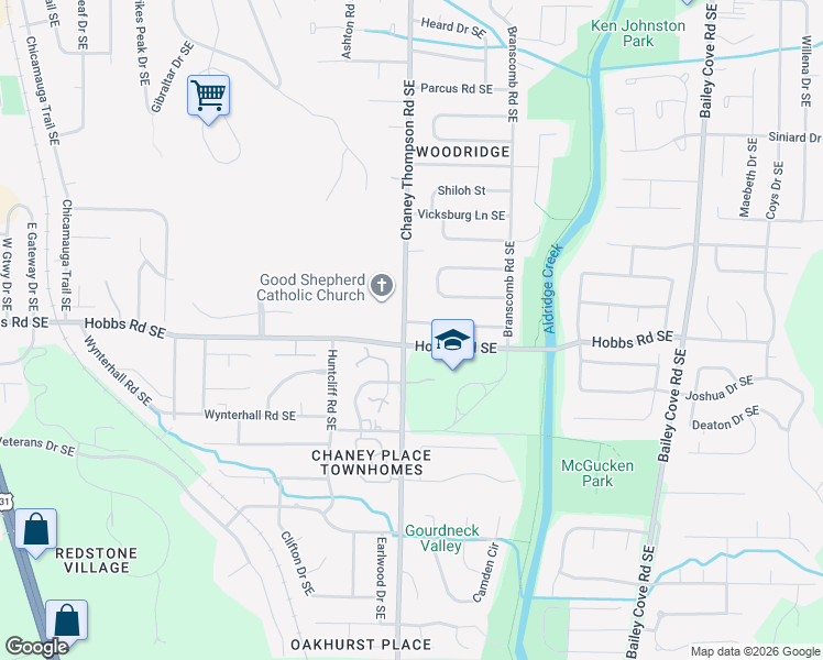 map of restaurants, bars, coffee shops, grocery stores, and more near 1010 Riverchase Road Southeast in Huntsville