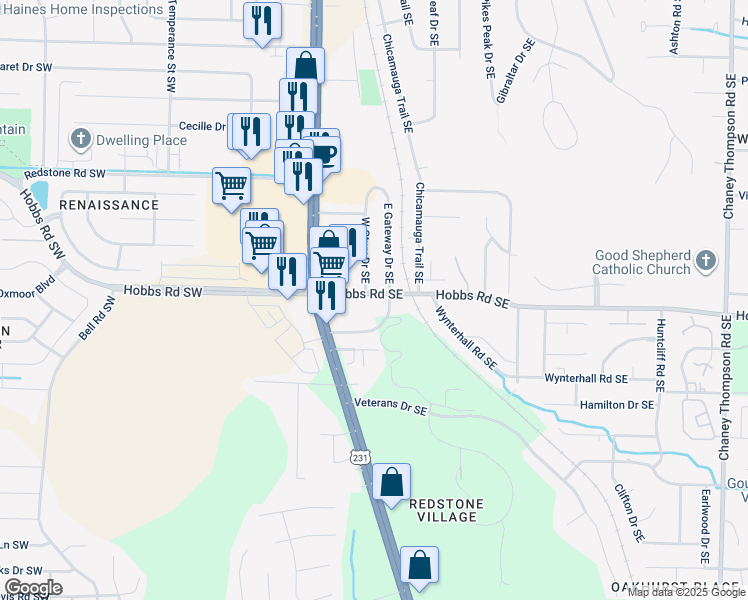 map of restaurants, bars, coffee shops, grocery stores, and more near 205 Marinawoods Drive Southeast in Huntsville