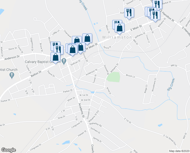 map of restaurants, bars, coffee shops, grocery stores, and more near 100 Lander Street in Williamston