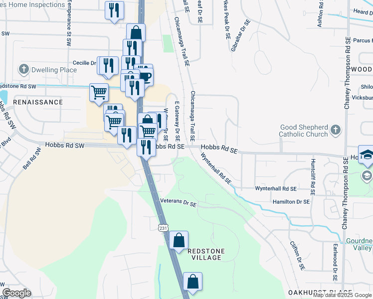 map of restaurants, bars, coffee shops, grocery stores, and more near 230 Marinawoods Drive Southeast in Huntsville
