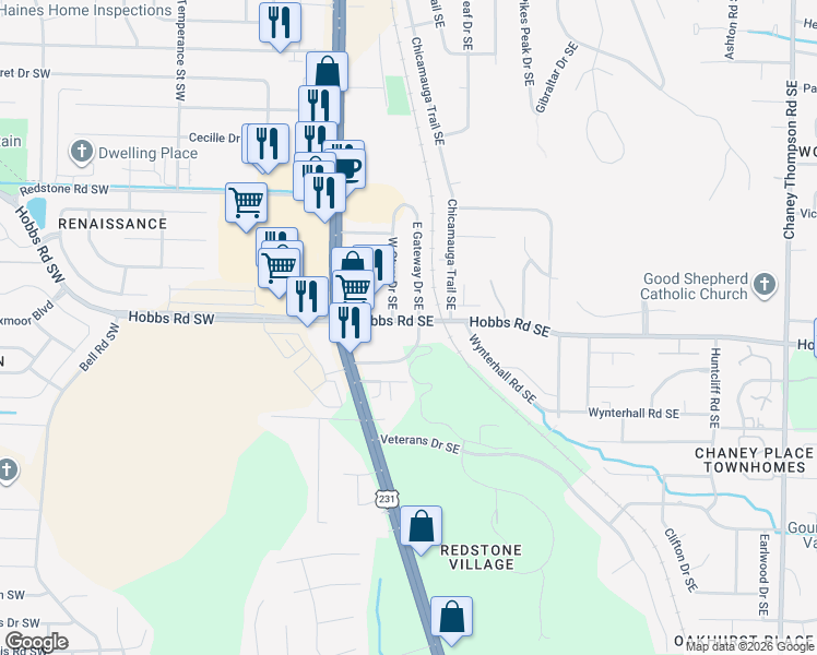 map of restaurants, bars, coffee shops, grocery stores, and more near 205 Marinawoods Drive Southeast in Huntsville