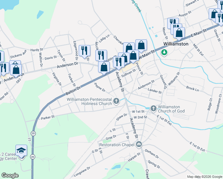 map of restaurants, bars, coffee shops, grocery stores, and more near 207 Mcdonald Avenue in Williamston