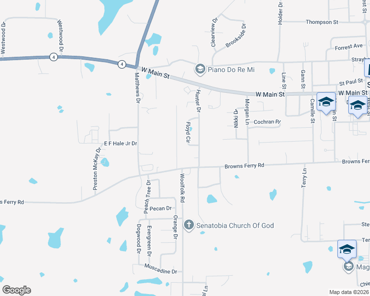 map of restaurants, bars, coffee shops, grocery stores, and more near 104 Gardenview Drive in Senatobia