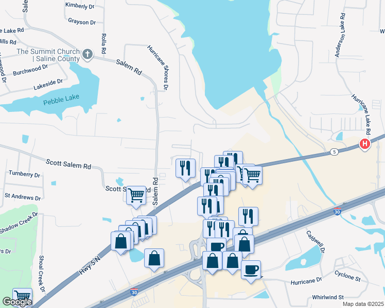 map of restaurants, bars, coffee shops, grocery stores, and more near 1907 Arkansas 5 in Benton