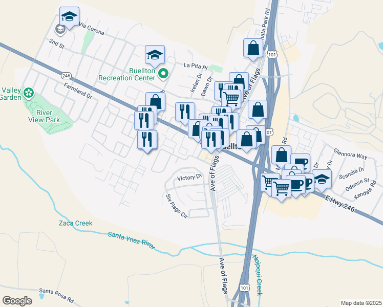 map of restaurants, bars, coffee shops, grocery stores, and more near 80 Zaca Street in Buellton