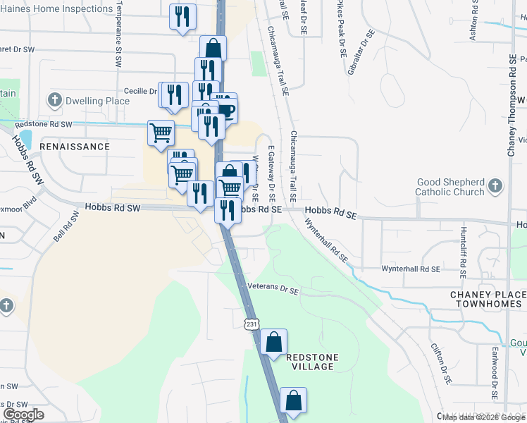 map of restaurants, bars, coffee shops, grocery stores, and more near 205 Marinawoods Drive Southeast in Huntsville