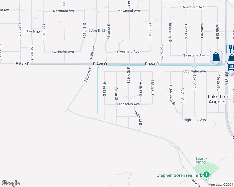 map of restaurants, bars, coffee shops, grocery stores, and more near Ronar Street in Lake Los Angeles