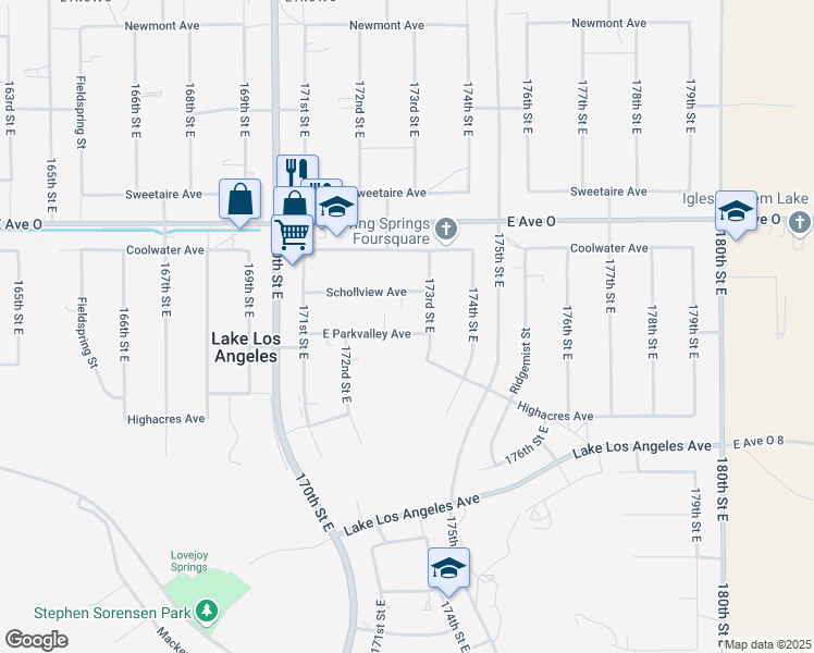 map of restaurants, bars, coffee shops, grocery stores, and more near 17269 East Parkvalley Avenue in Palmdale
