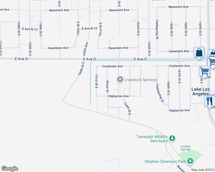 map of restaurants, bars, coffee shops, grocery stores, and more near Ronar Street in Lake Los Angeles