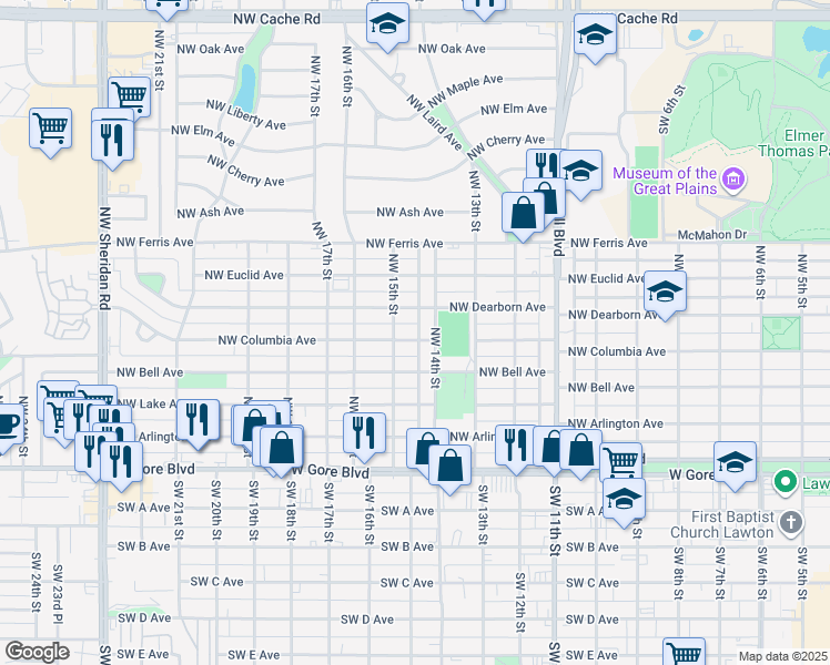 map of restaurants, bars, coffee shops, grocery stores, and more near 1414 Northwest Columbia Avenue in Lawton