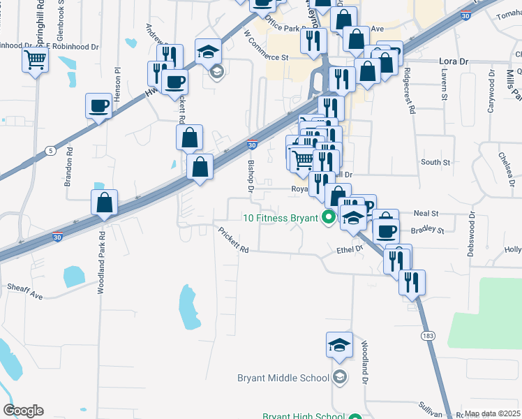 map of restaurants, bars, coffee shops, grocery stores, and more near 2000 Bishop Pinewood Mano in Bryant