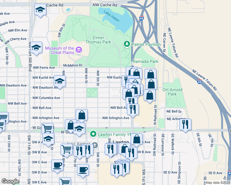 map of restaurants, bars, coffee shops, grocery stores, and more near 306 Northwest Columbia Avenue in Lawton