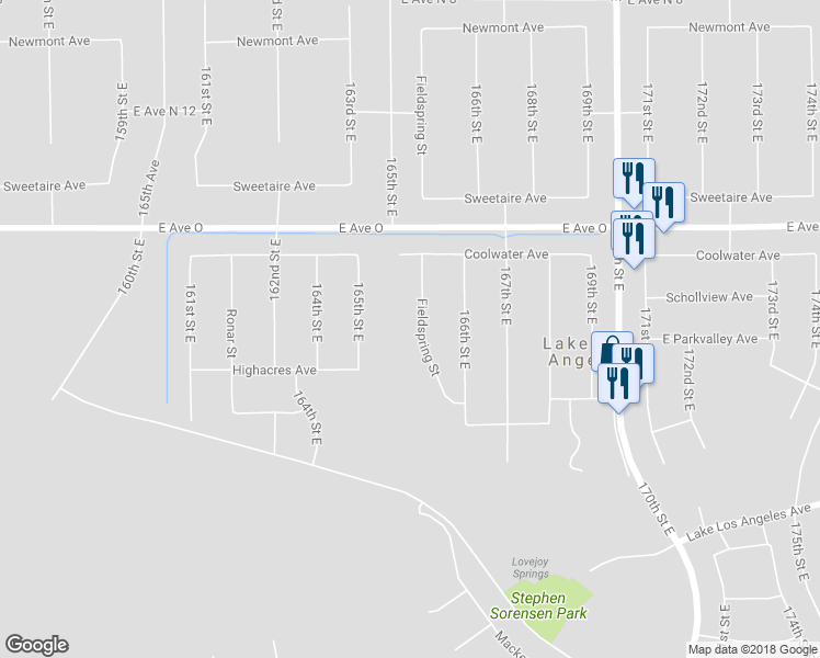map of restaurants, bars, coffee shops, grocery stores, and more near 40227 Fieldspring Street in Palmdale