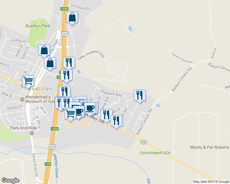 map of restaurants, bars, coffee shops, grocery stores, and more near 355 Glennora Way in Buellton