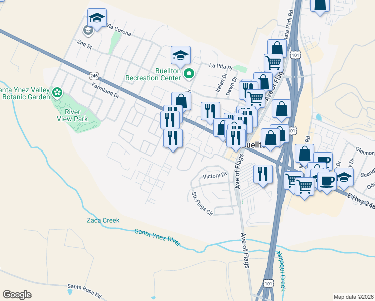 map of restaurants, bars, coffee shops, grocery stores, and more near 80 Zaca Street in Buellton