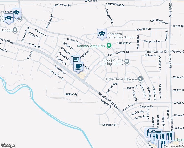 map of restaurants, bars, coffee shops, grocery stores, and more near 3802 Vitrina Lane in Palmdale