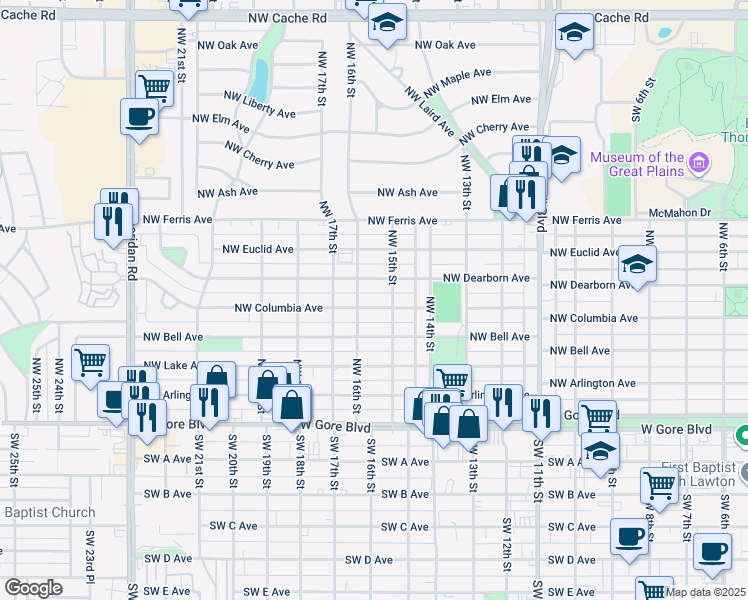 map of restaurants, bars, coffee shops, grocery stores, and more near 1509 Northwest Columbia Avenue in Lawton