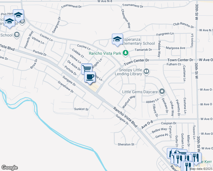 map of restaurants, bars, coffee shops, grocery stores, and more near 3802 Vitrina Lane in Palmdale