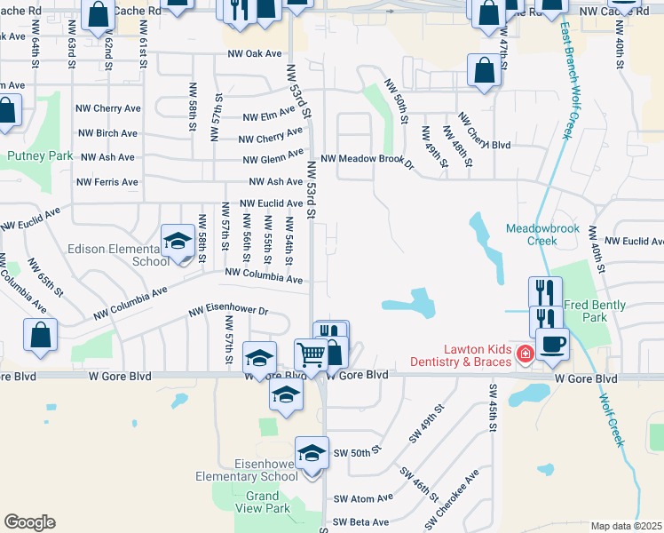 map of restaurants, bars, coffee shops, grocery stores, and more near 433 Northwest Chimney Creek Drive in Lawton