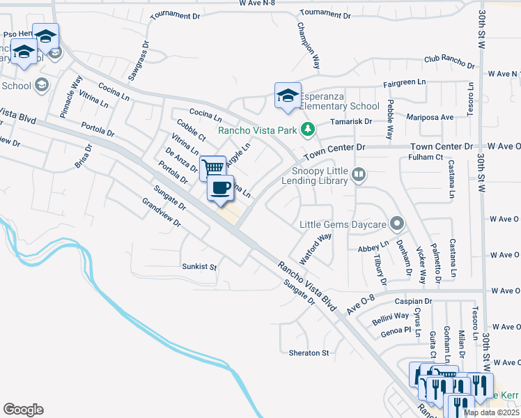 map of restaurants, bars, coffee shops, grocery stores, and more near 3802 Vitrina Lane in Palmdale